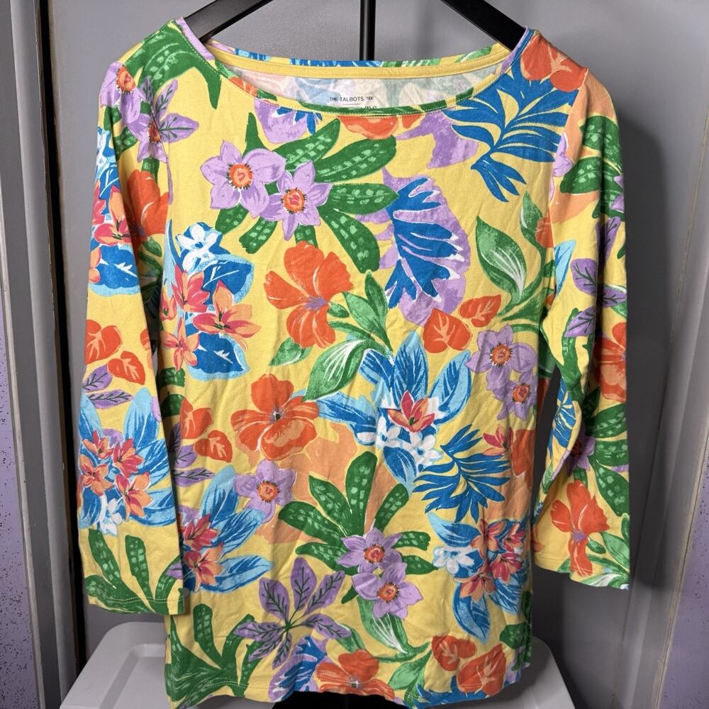 Talbots Womens Tropical Floral M Sleeve Top Flowers Travel Office Casual - Picture 2 of 6